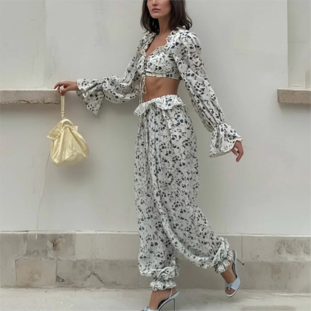 Ruffled Trousers Short Tops Two-piece Set Spring Summer Women's