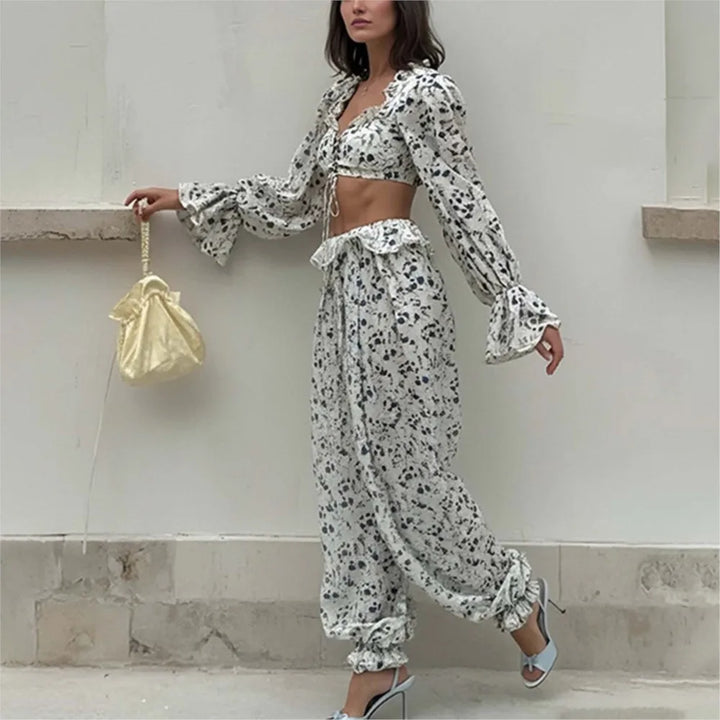 Ruffled Trousers Short Tops Two-piece Set Spring Summer Women's