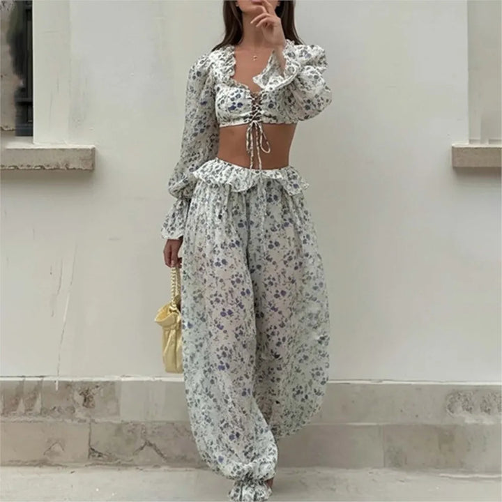 Ruffled Trousers Short Tops Two-piece Set Spring Summer Women's