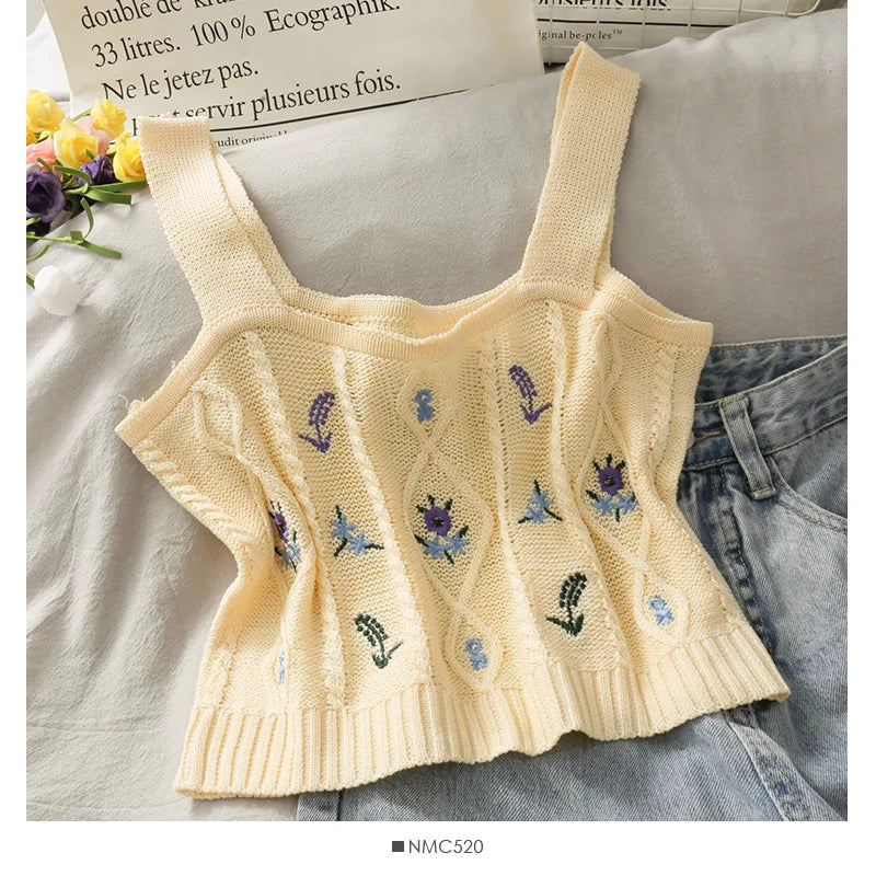 HELIAR Women Flower Embroidery Knitted Crop Tops Women Casual Tube Tops Casual Ribbed Cute Tops Crop Tops Women 2024 Summer
