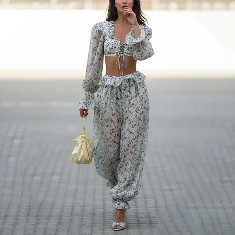 Ruffled Trousers Short Tops Two-piece Set Spring Summer Women's