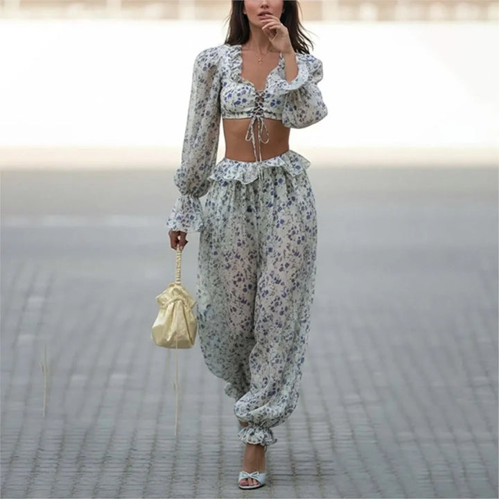 Ruffled Trousers Short Tops Two-piece Set Spring Summer Women's