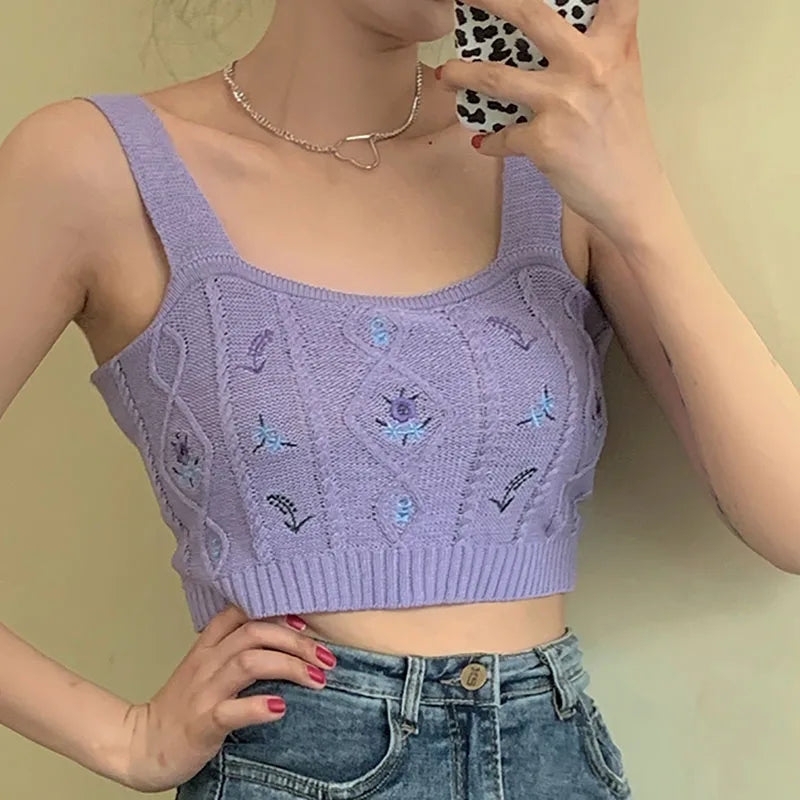 HELIAR Women Flower Embroidery Knitted Crop Tops Women Casual Tube Tops Casual Ribbed Cute Tops Crop Tops Women 2024 Summer