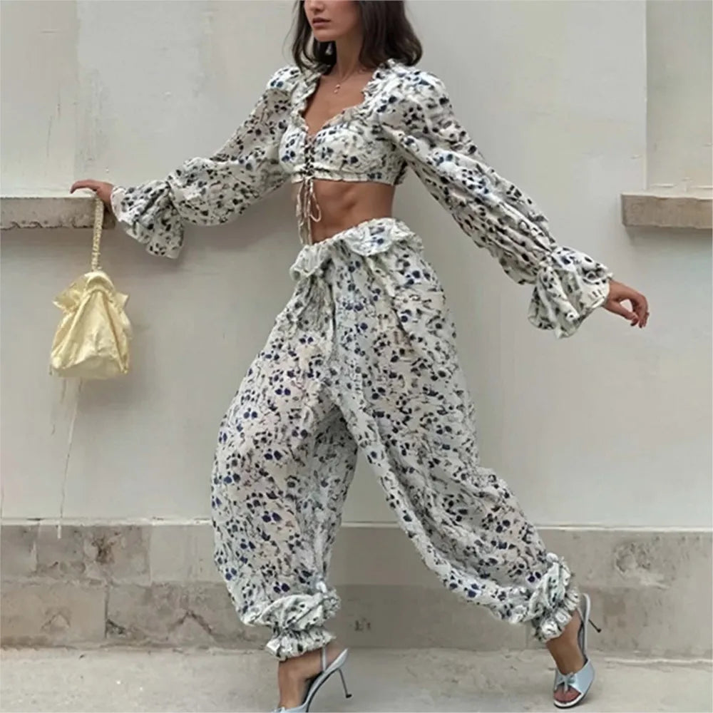 Ruffled Trousers Short Tops Two-piece Set Spring Summer Women's
