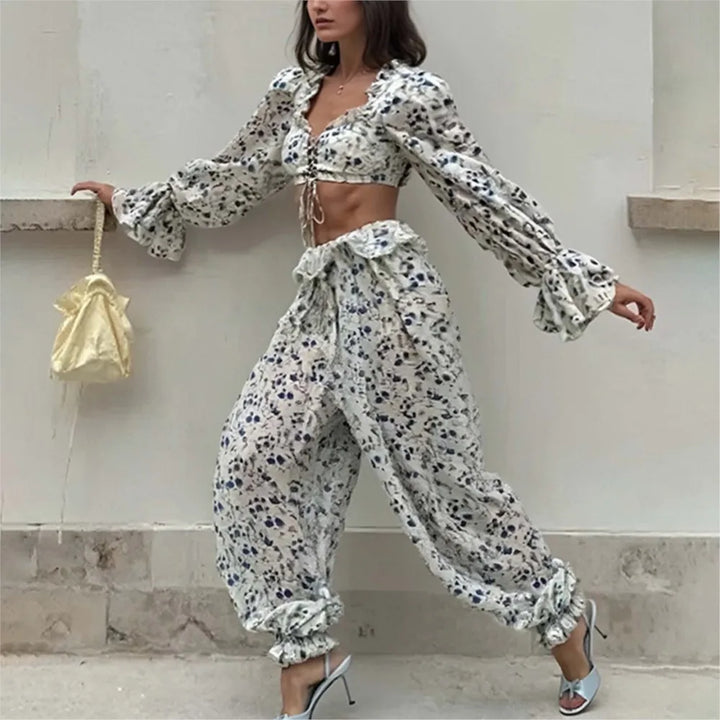 Ruffled Trousers Short Tops Two-piece Set Spring Summer Women's