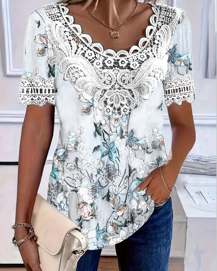 T-Shirt À Imprimé Fleuri Mode Manche Courte