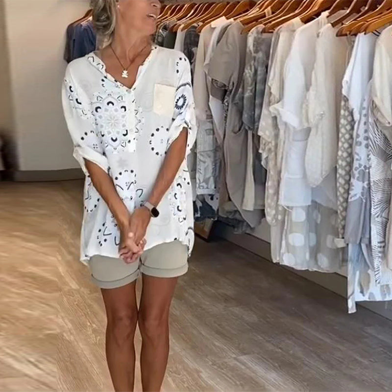 Blouse Polyvalente Col En V Imprimée Manches Mi-Longues