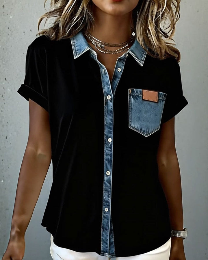 T-shirt patchwork jeans z wywijanym kołnierzykiem