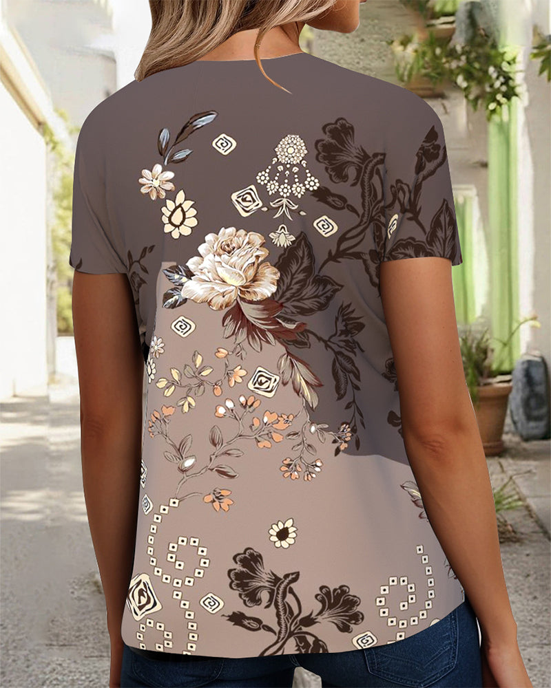 T-Shirt Imprimé Fleuri Col En V Manches Courtes