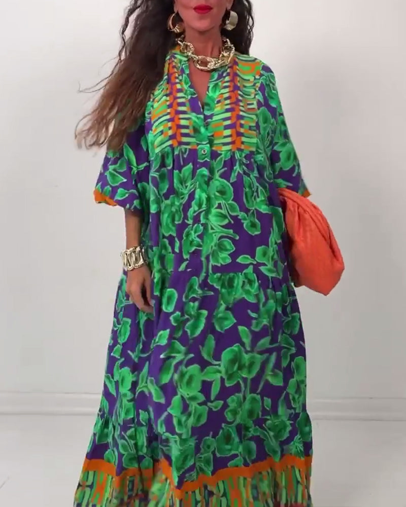 Robe longue décontractée imprimée à col en V