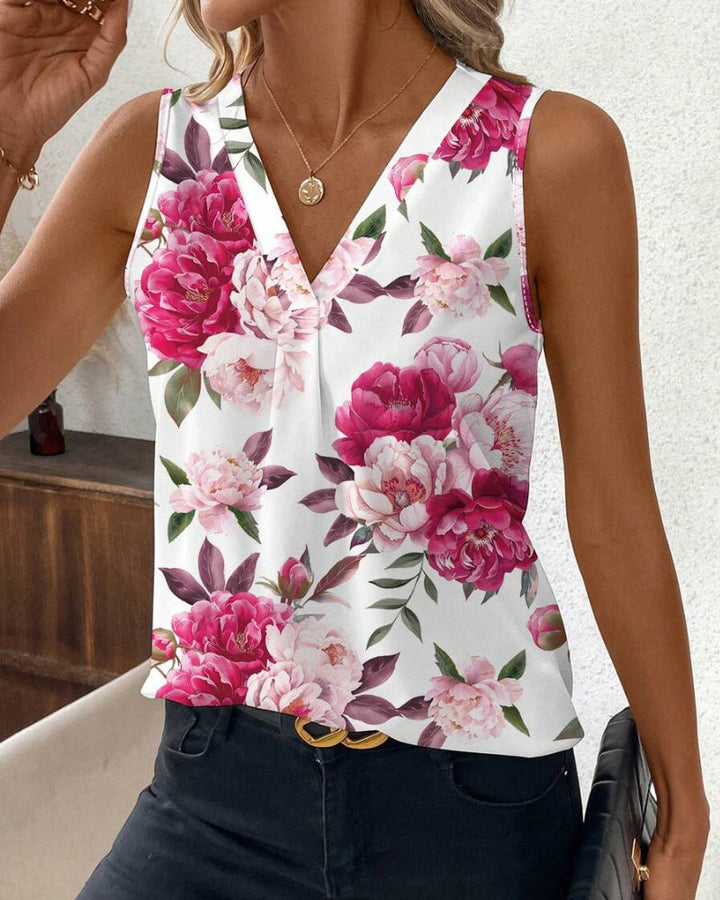 Une Blouse Sleeveless au Col V avec Impression de Roses