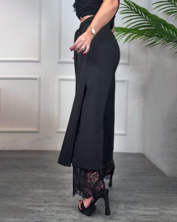 Pantalon À Fente Avec Bordure En Dentelle