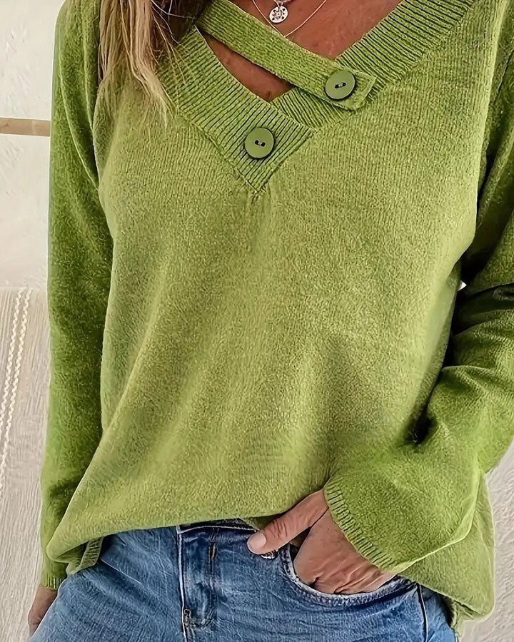 Sweter z dekoltem w serek na guziki jednolity