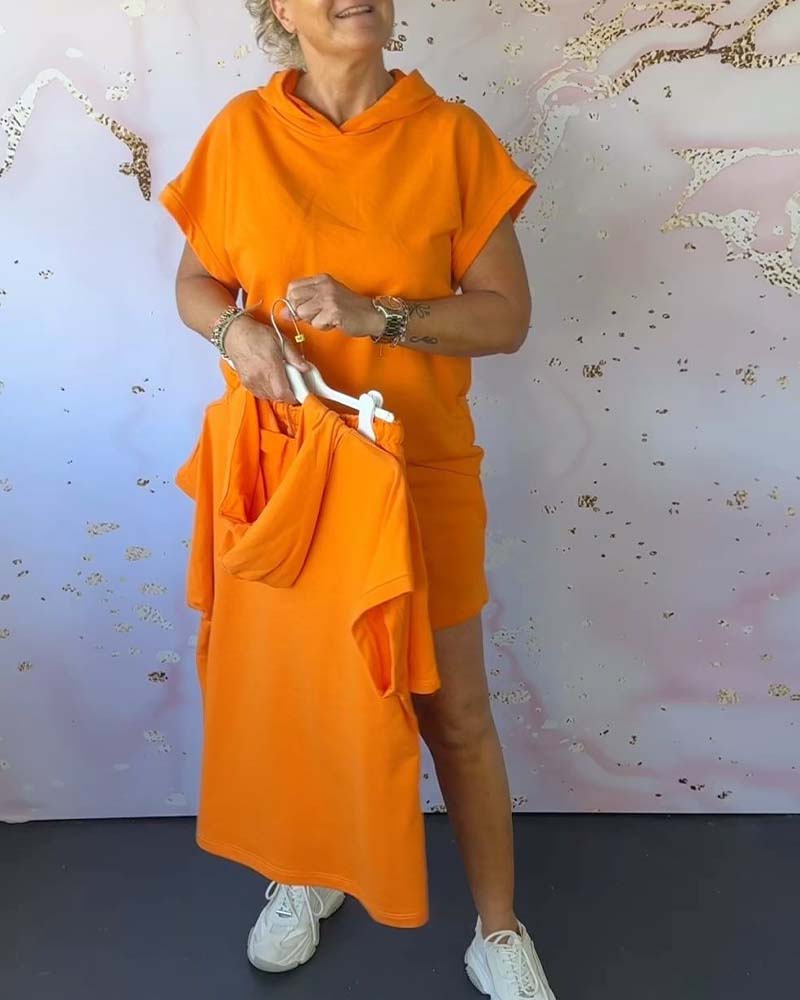 Ensemble ample à capuche et manches courtes de couleur unie