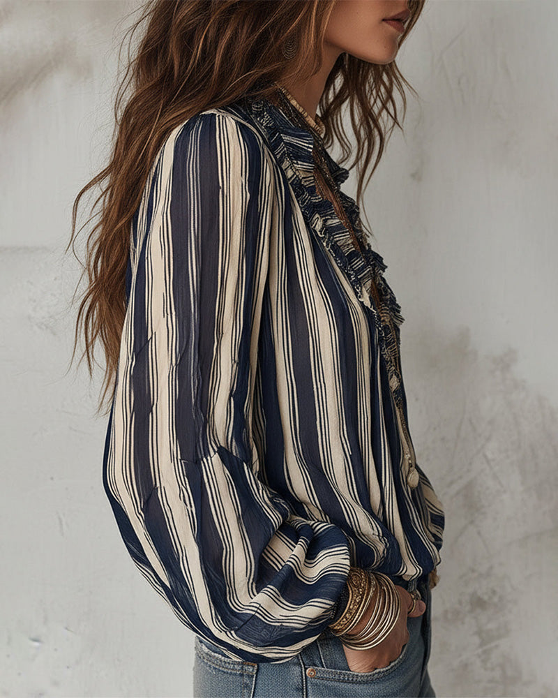 Blouse Profond Col V Rayures Verticales Loose