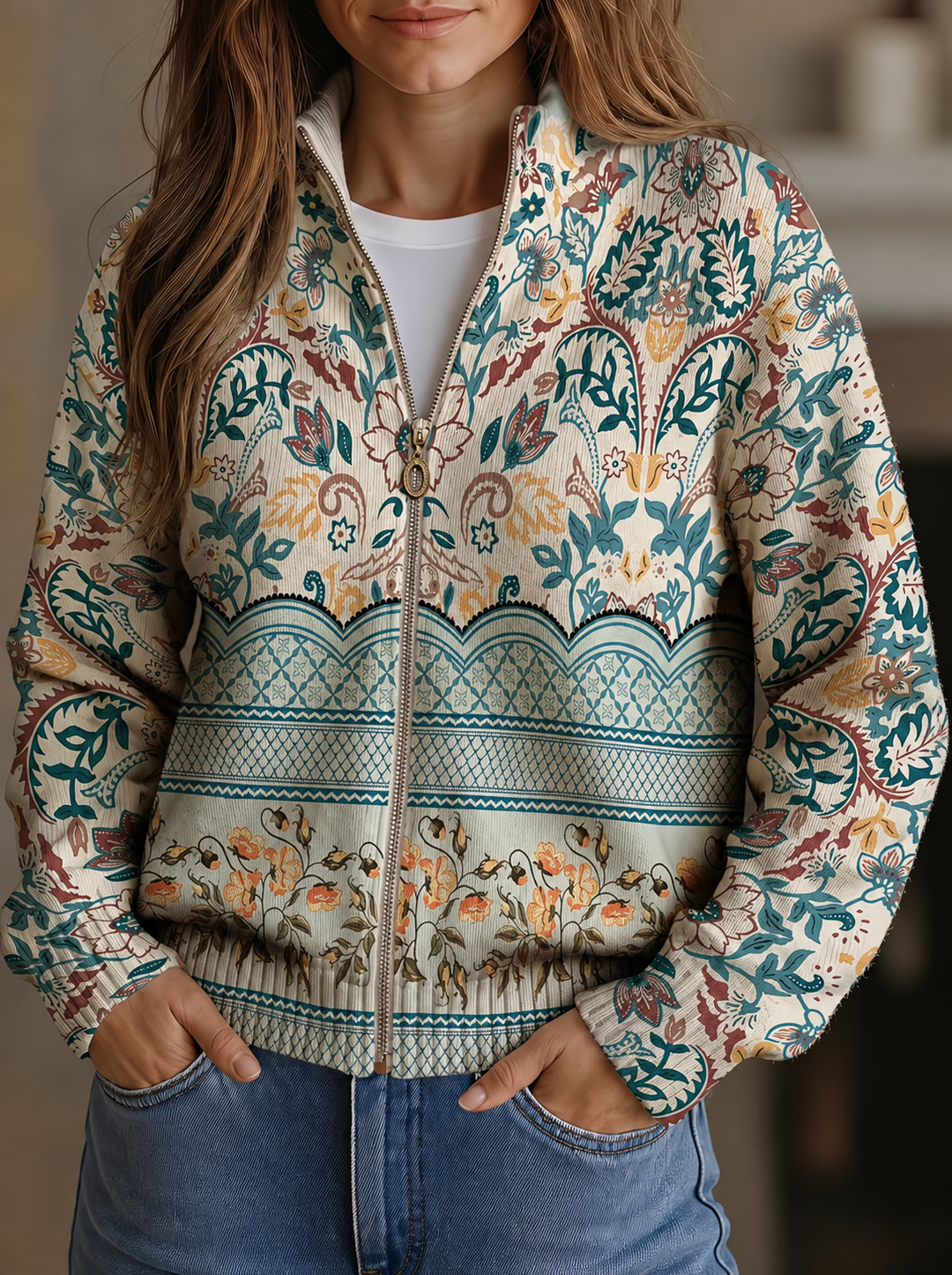 Cardigan zippé botanique vintage Greta