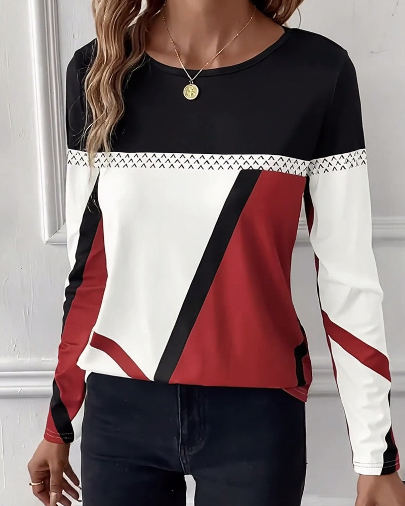 T-shirt casual z nadrukiem, okrągłym dekoltem i długimi rękawami