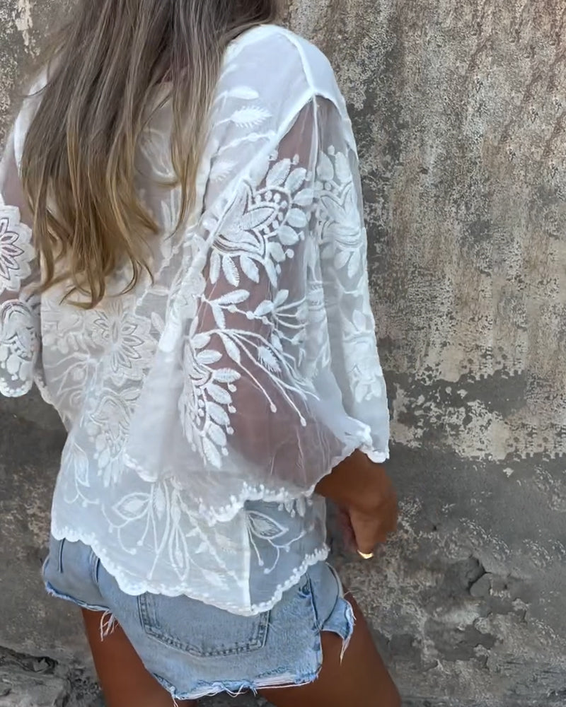 Blouse Manches Papillon Col Rond Brodé