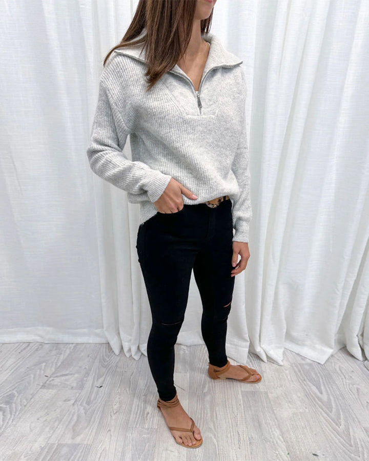 Pull décontracté de couleur unie avec fermeture éclair à revers