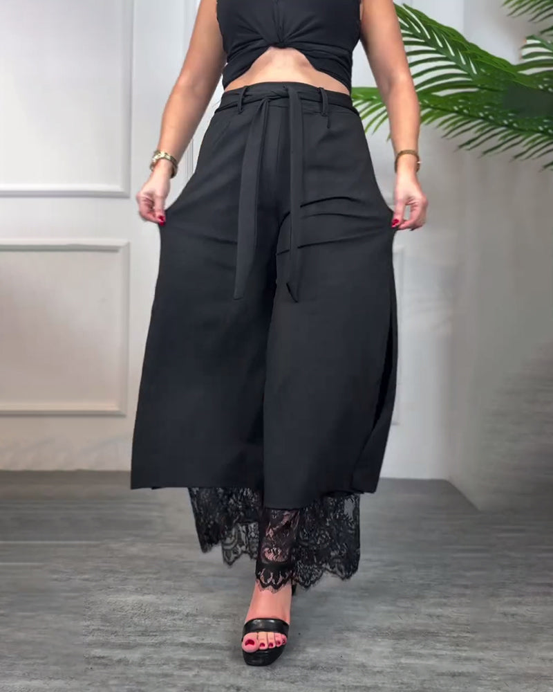 Pantalon À Fente Avec Bordure En Dentelle