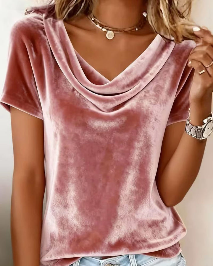 T-shirt z weluru z krótkim rękawem i drapowanym dekoltem