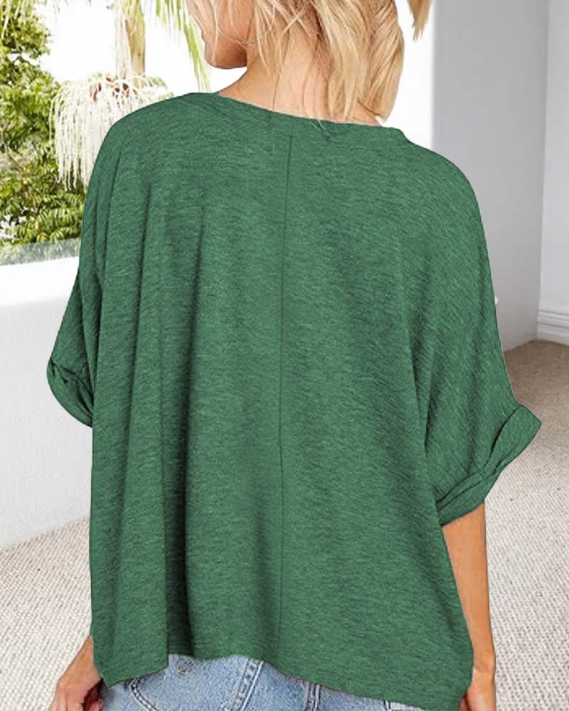 T-Shirt Col En V Ourlet Roulé Manches Courtes Large