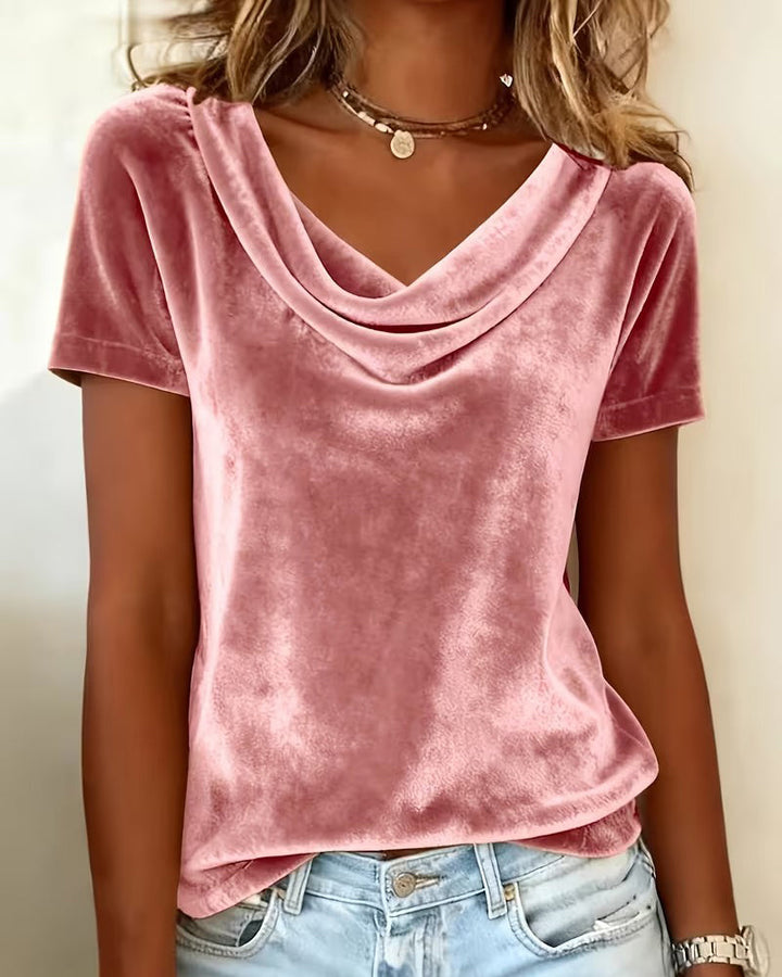 T-shirt z weluru z krótkim rękawem i drapowanym dekoltem