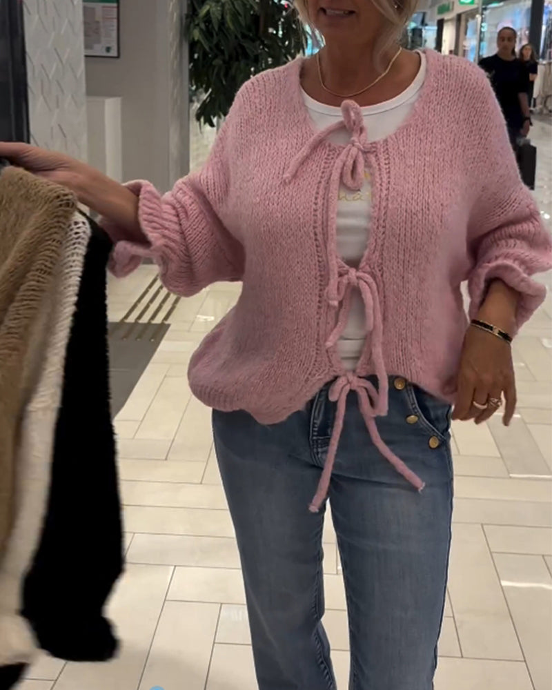 Cardigan décontracté à manches longues et lacets de couleur unie