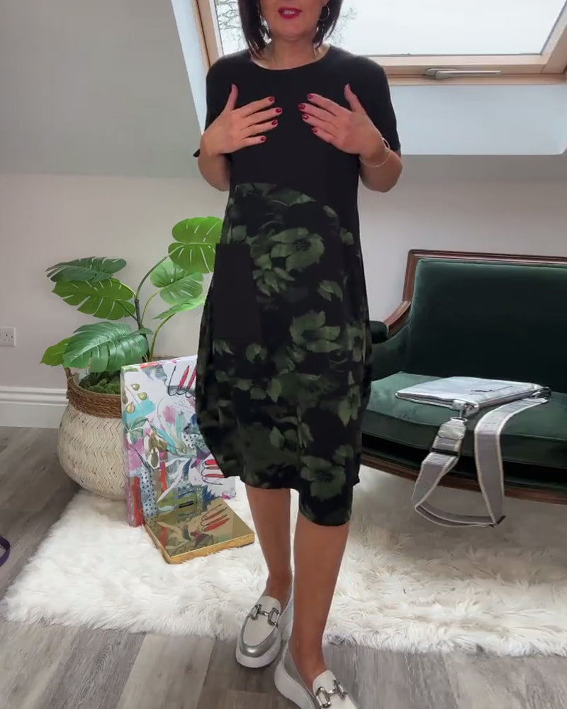 Robe patchwork décontractée à imprimé floral et col rond