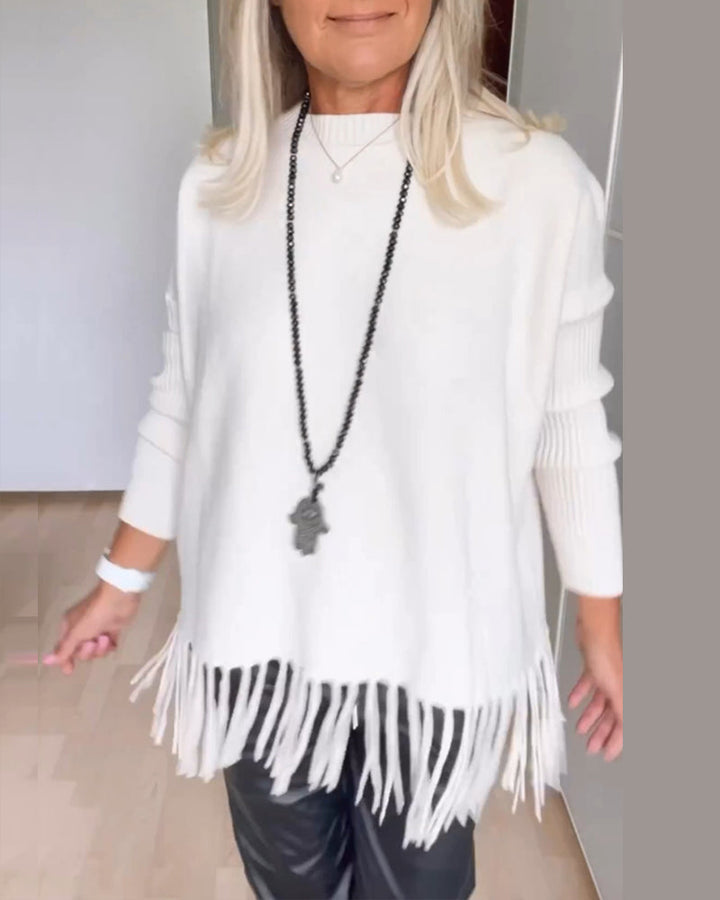 Sweter z frędzlami w jednolitym kolorze
