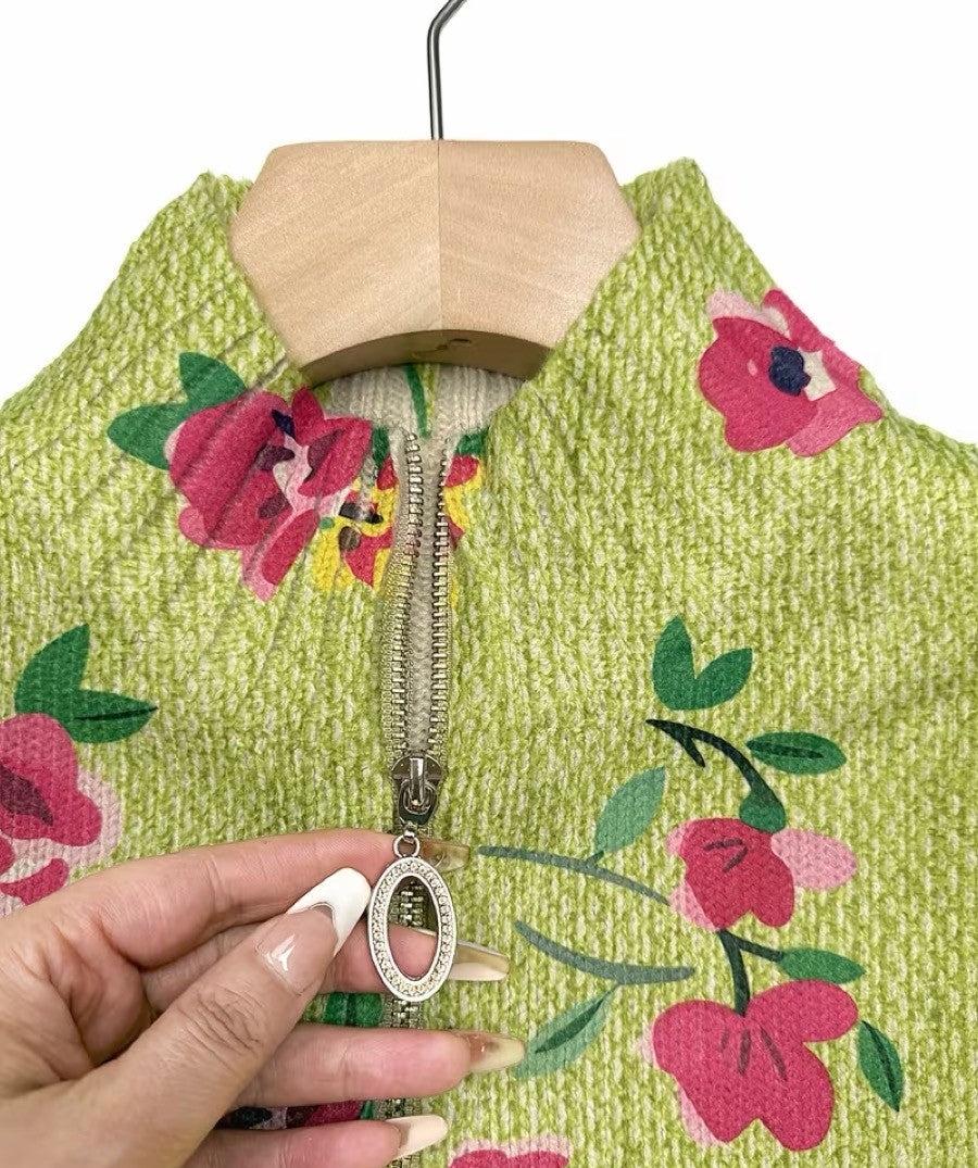 Cardigan zippé floral vert lime et rose