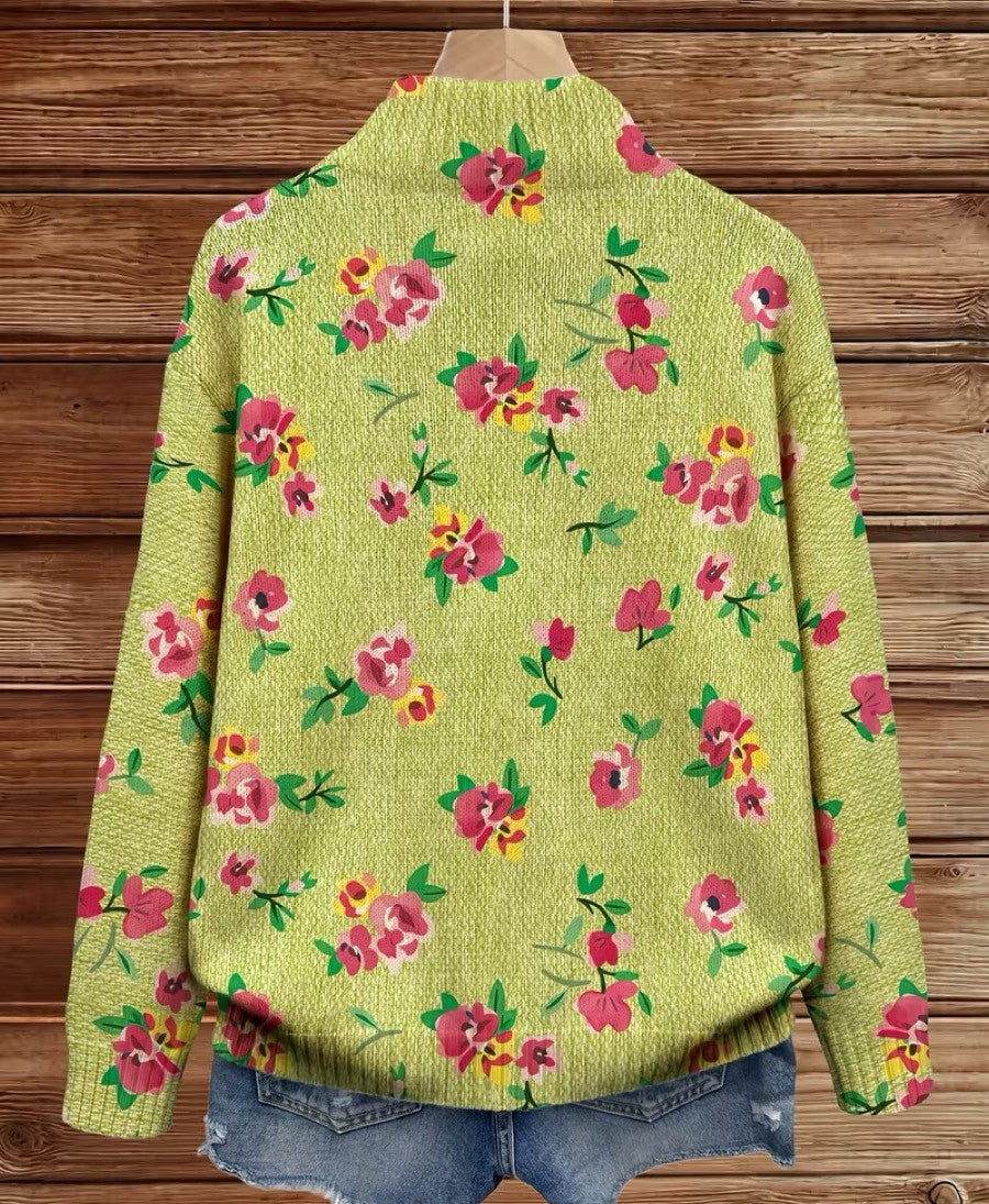 Cardigan zippé floral vert lime et rose