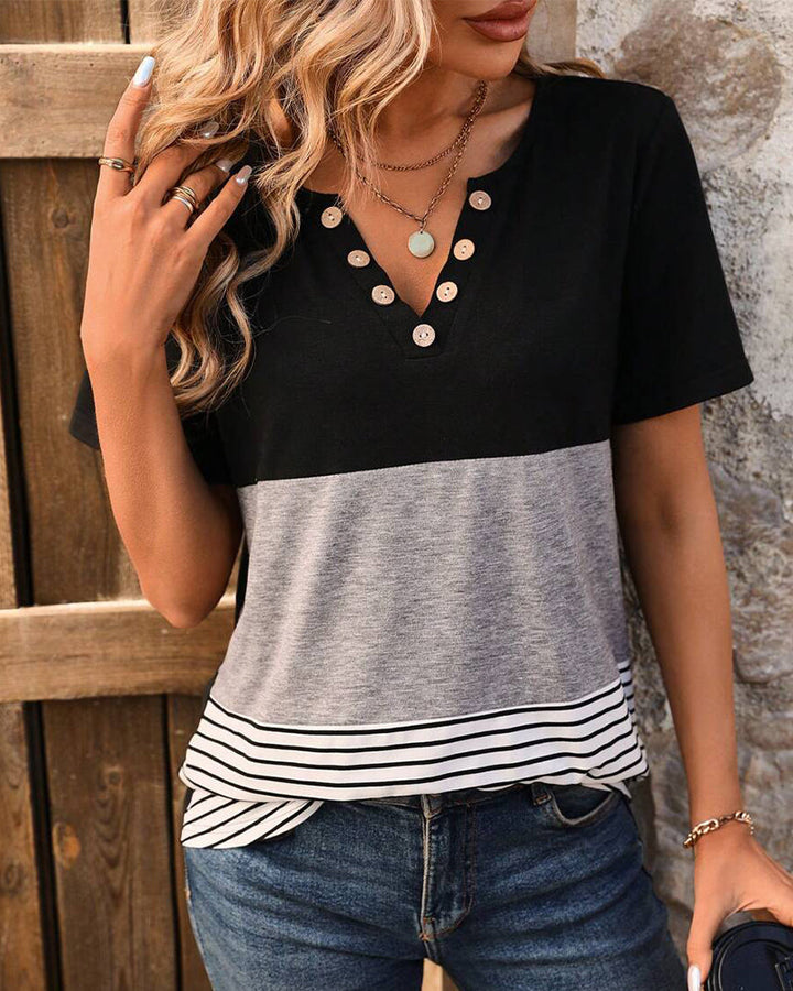 T-Shirt Casual Rayé Couleur Contrastée
