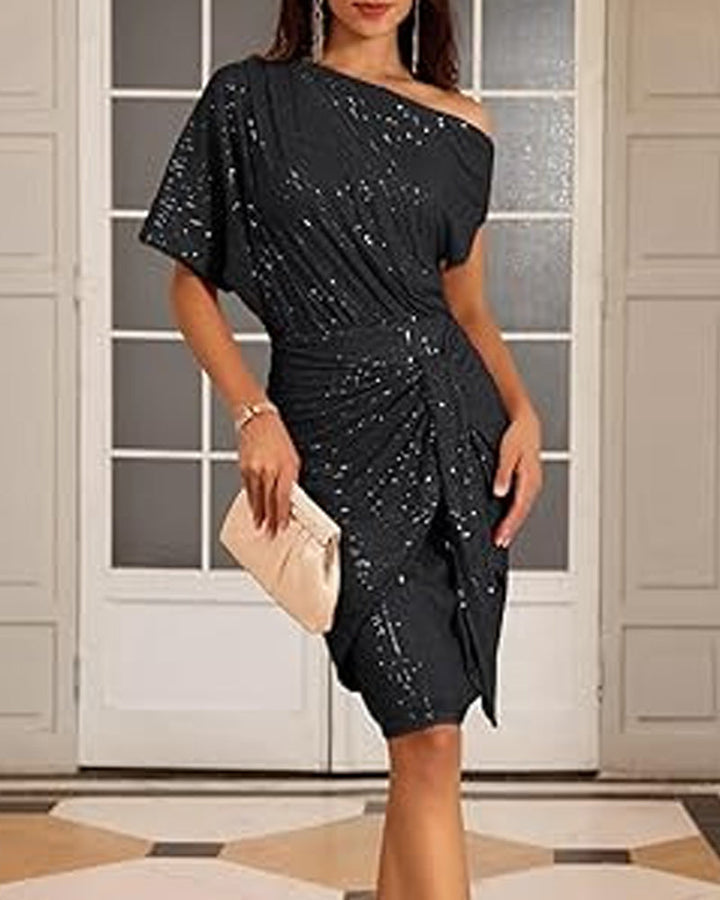 Robe élégante à paillettes avec col en V et épaules dénudées
