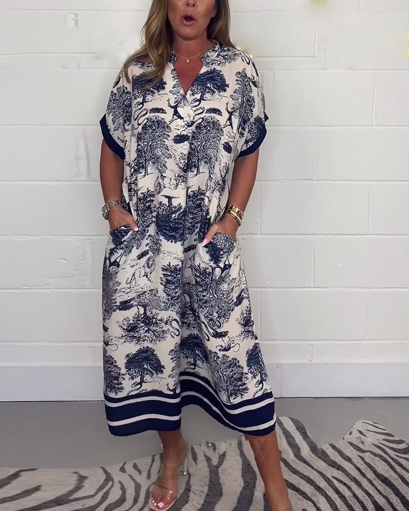 Robe à poche col V imprimé animal