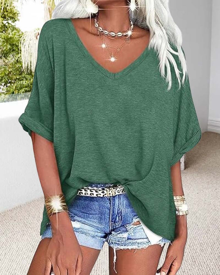 T-Shirt Col En V Ourlet Roulé Manches Courtes Large