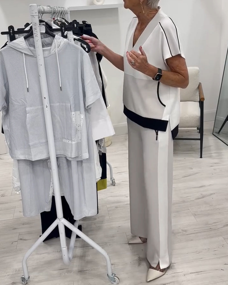 Dopasowany zestaw z dekoltem w serek i rozcięciem, styl casual