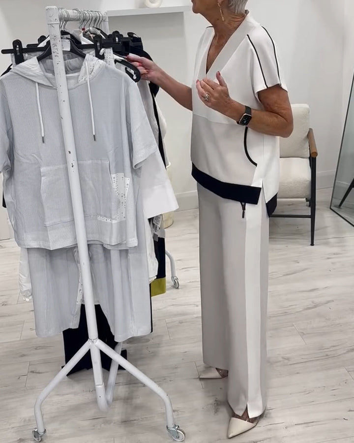 Dopasowany zestaw z dekoltem w serek i rozcięciem, styl casual
