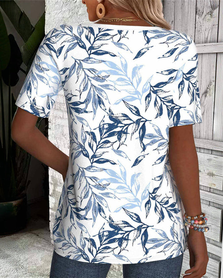 T-shirt à manches courtes et col en V avec imprimé feuilles de bambou