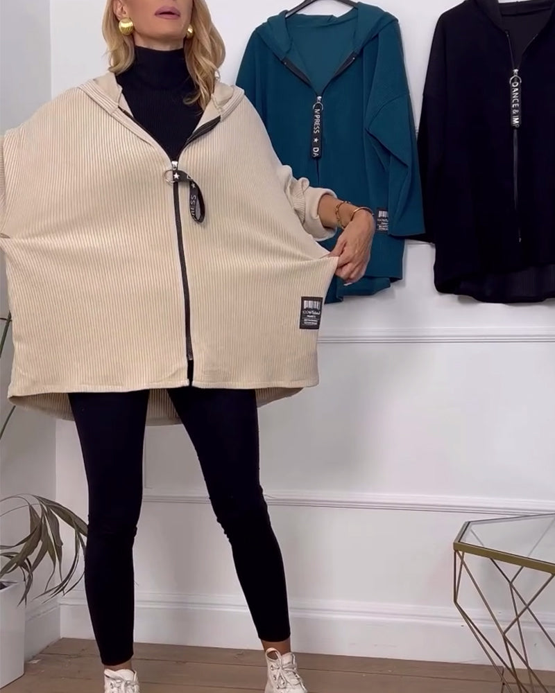 Manteau décontracté à capuche de couleur unie avec fermeture éclair