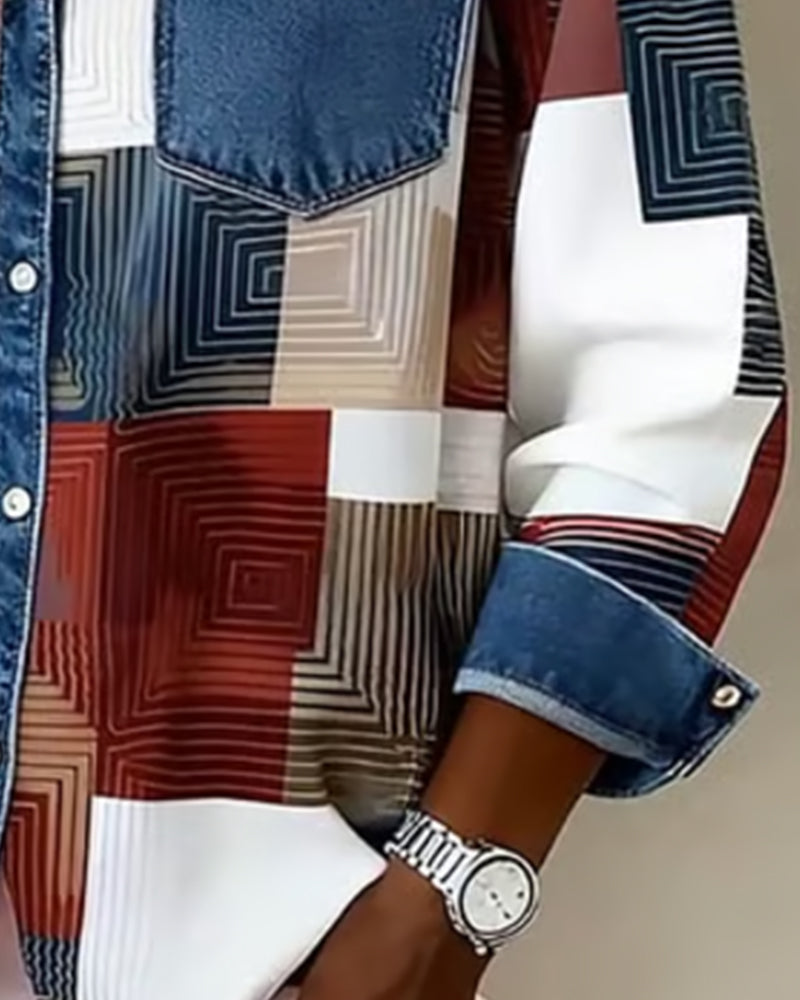 Chemise Color Block Revers À La Mode