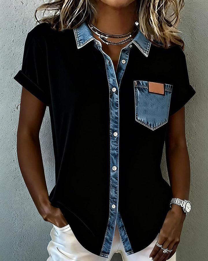 T-shirt patchwork jeans z wywijanym kołnierzykiem