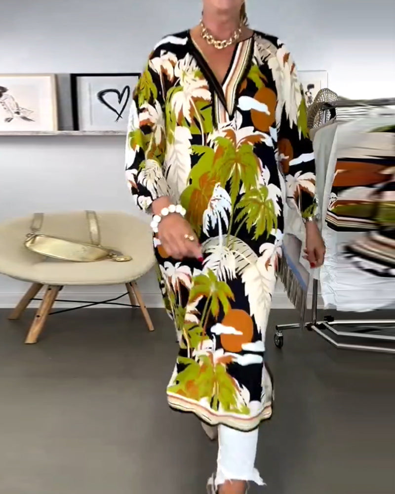 Robe à col en V imprimée noix de coco