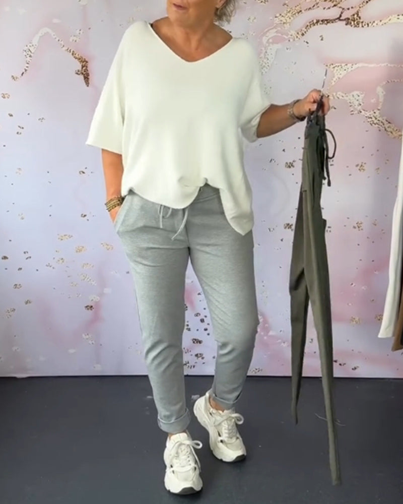 Pantalon décontracté de couleur unie avec cordon de serrage et poche