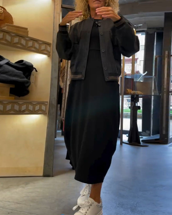 Robe unie à col rond, manches longues et poche