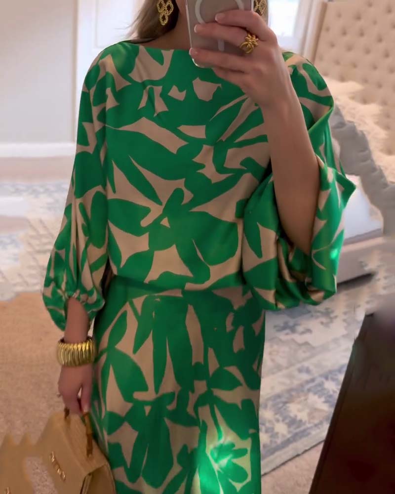 Ensemble Robe Décontractée Imprimé Manches Lanterne Tempérament