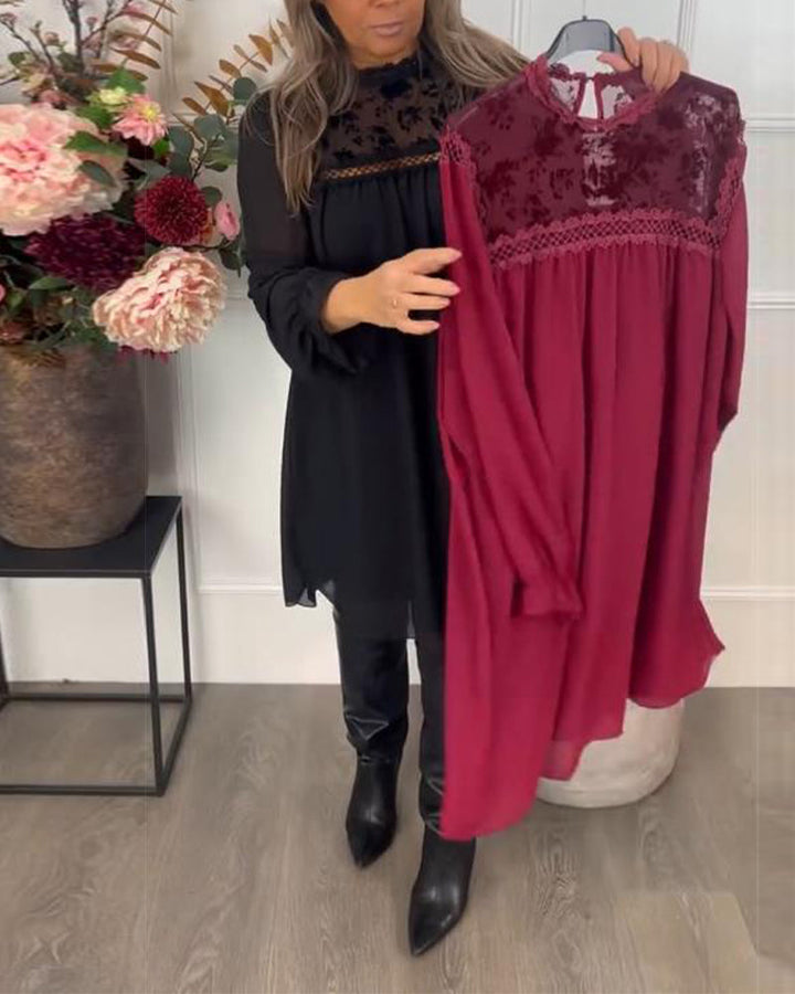 Sukienka z koronkowym wycięciem, bufiastymi rękawami i eleganckim krojem