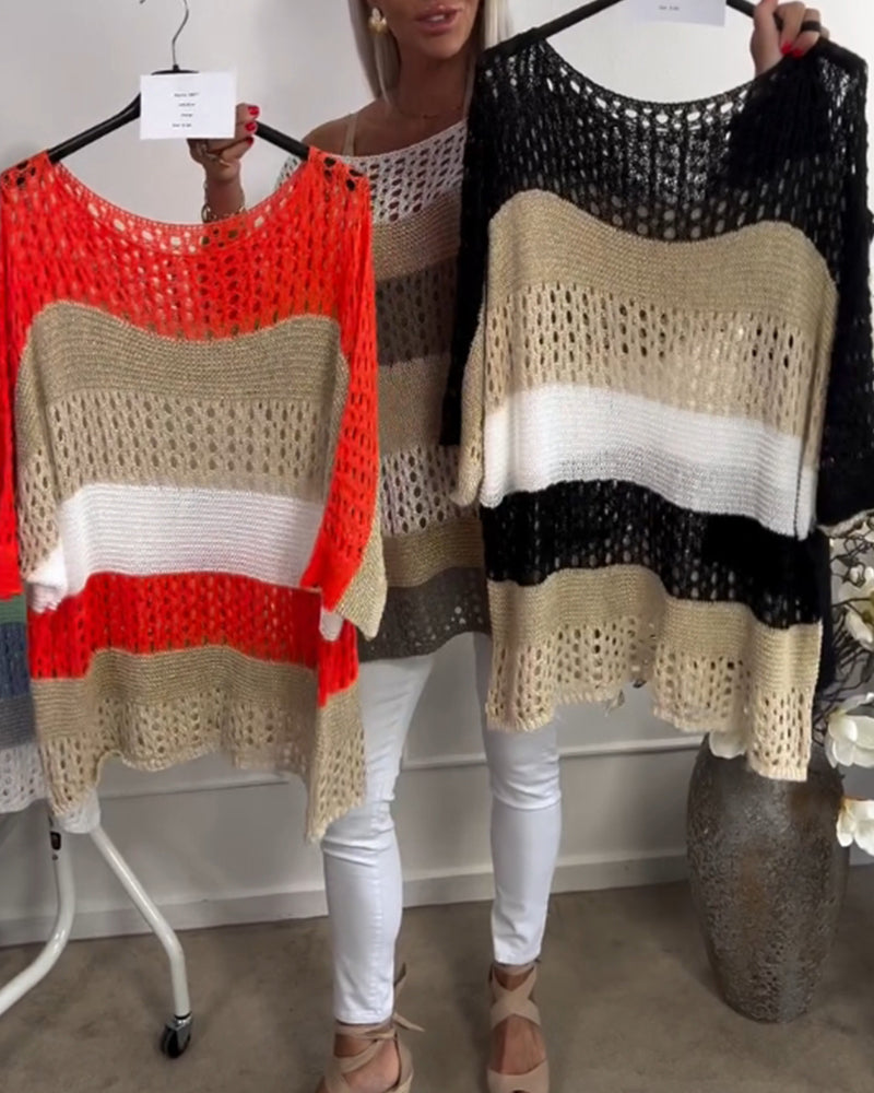 Pull décontracté à manches longues creux avec blocs de couleurs
