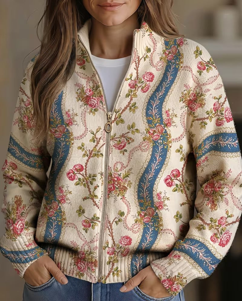 Cardigan zippé à ruban de roses grimpantes