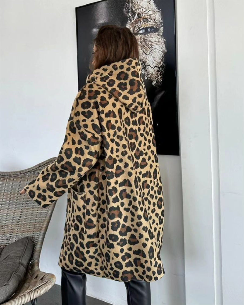Manteau à capuche décontracté à imprimé léopard avec poche